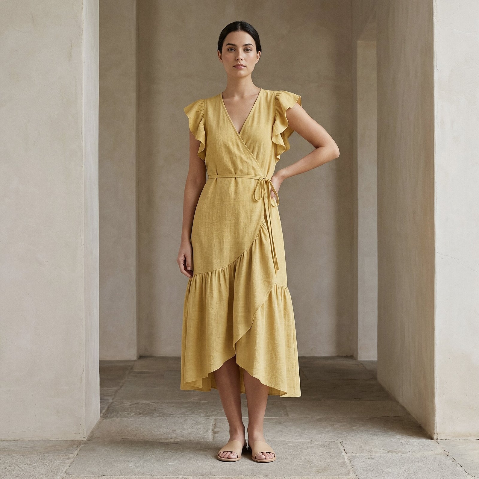 Light Yellow Yarn-Dyed Cotton Ruffle Midi Wrap Dress