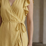 Light Yellow Yarn-Dyed Cotton Ruffle Midi Wrap Dress