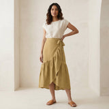 Light Yellow Yarn-Dyed Cotton Ruffle Midi Wrap Skirt