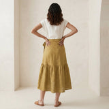 Light Yellow Yarn-Dyed Cotton Ruffle Midi Wrap Skirt