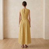 Light Yellow Yarn-Dyed Cotton Sleeveless Paneled Maxi Dress