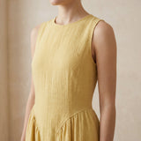 Light Yellow Yarn-Dyed Cotton Sleeveless Paneled Maxi Dress