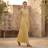 Light Yellow Yarn-Dyed Cotton Sleeveless Paneled Maxi Dress