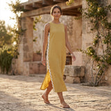 Light Yellow Yarn-Dyed Cotton Wavy Stripe Maxi Shift Dress