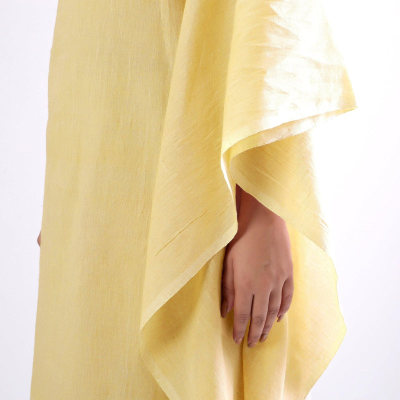 Left Detail of a Model wearing Light Yellow 100% Cotton Kaftan