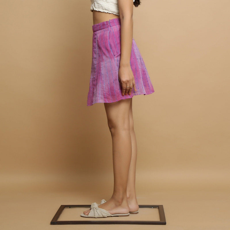 Left View of a Model wearing Handwoven Godet Striped A-Line Skirt