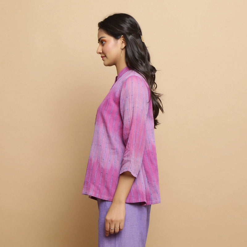 Left View of a Model wearing Lilac Handwoven Striped Button-Down Top