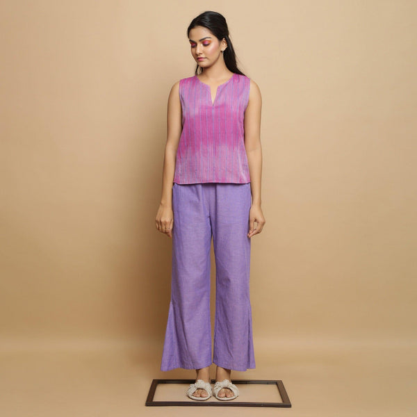 Front View of a Model wearing Lilac Godet Top and Lavender Godet Pant Set