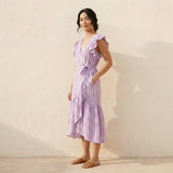 Lilac Stripes Block Print Cotton Ruffle Midi Wrap Dress