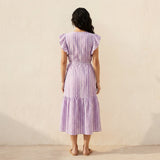 Lilac Stripes Block Print Cotton Ruffle Midi Wrap Dress