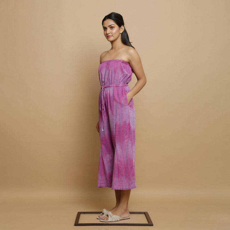 Left View of a Model wearing Lilac Handwoven Godet Culottes Jumpsuit