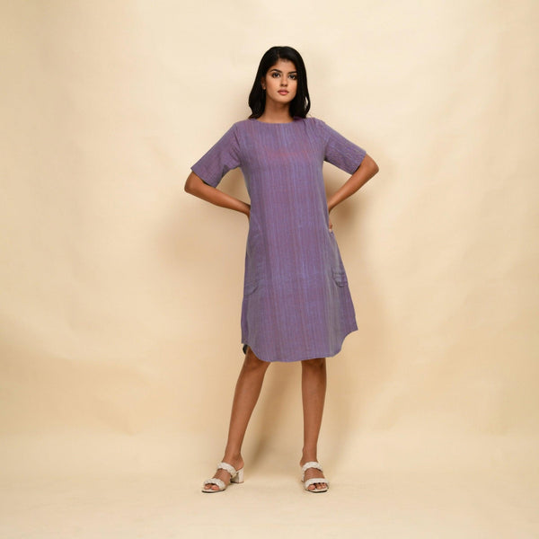 Front View of a Model wearing Lilac 100% Cotton Knee Length Dress