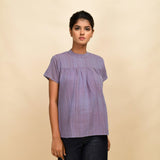 Front View of a Model wearing Lilac Yarn-Dyed 100% Cotton Gathered Top