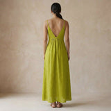 Lime Green Cotton Flax Deep V-Neck Cami Maxi Dress