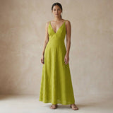 Lime Green Cotton Flax Deep V-Neck Cami Maxi Dress