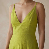 Lime Green Cotton Flax Deep V-Neck Cami Maxi Dress