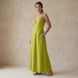 Lime Green Cotton Flax Deep V-Neck Cami Maxi Dress
