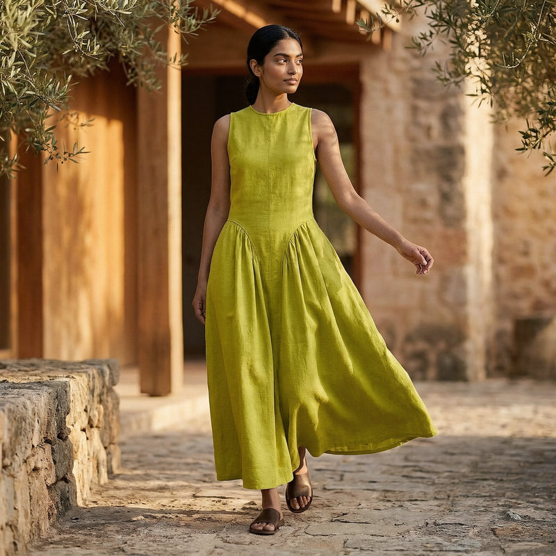 Buy Lime Green Cotton Flax Sleeveless Paneled Maxi Dress Online at  SeamsFriendly