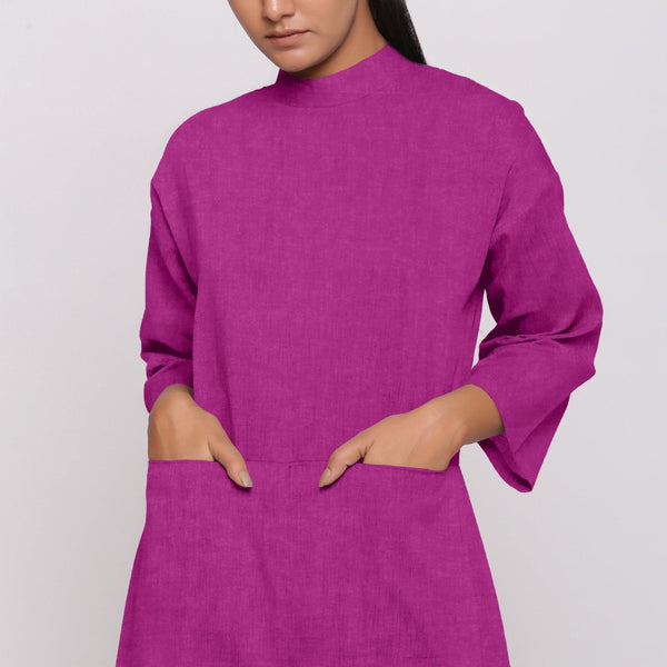 Front Detail of a Model wearing Magenta 100% Linen High Neck Jumpsuit