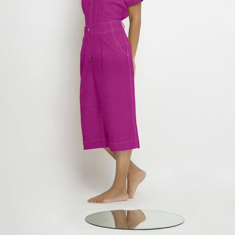 Left View of a Model wearing Magenta 100% Linen Loose Fit Mid-Rise Culottes