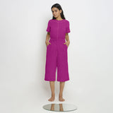 Front View of a Model wearing Magenta 100% Linen Loose Fit Mid-Rise Culottes