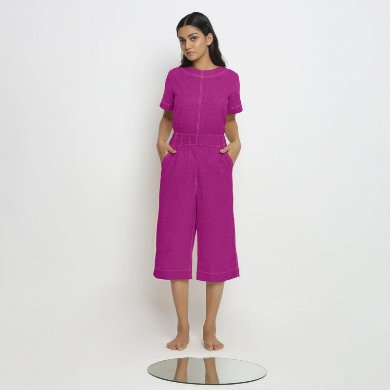 Front View of a Model wearing Magenta 100% Linen Loose Fit Mid-Rise Culottes