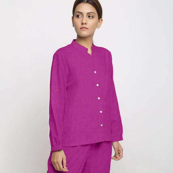 Front Detail of a Model wearing Magenta 100% Linen Mandarin Collar Shirt