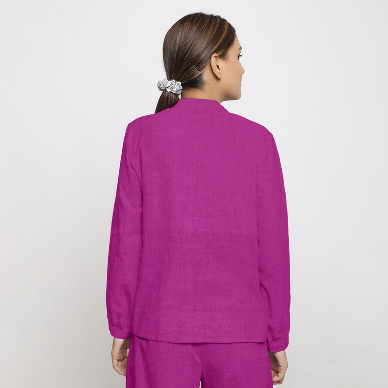 Back View of a Model wearing Magenta 100% Linen Mandarin Collar Shirt