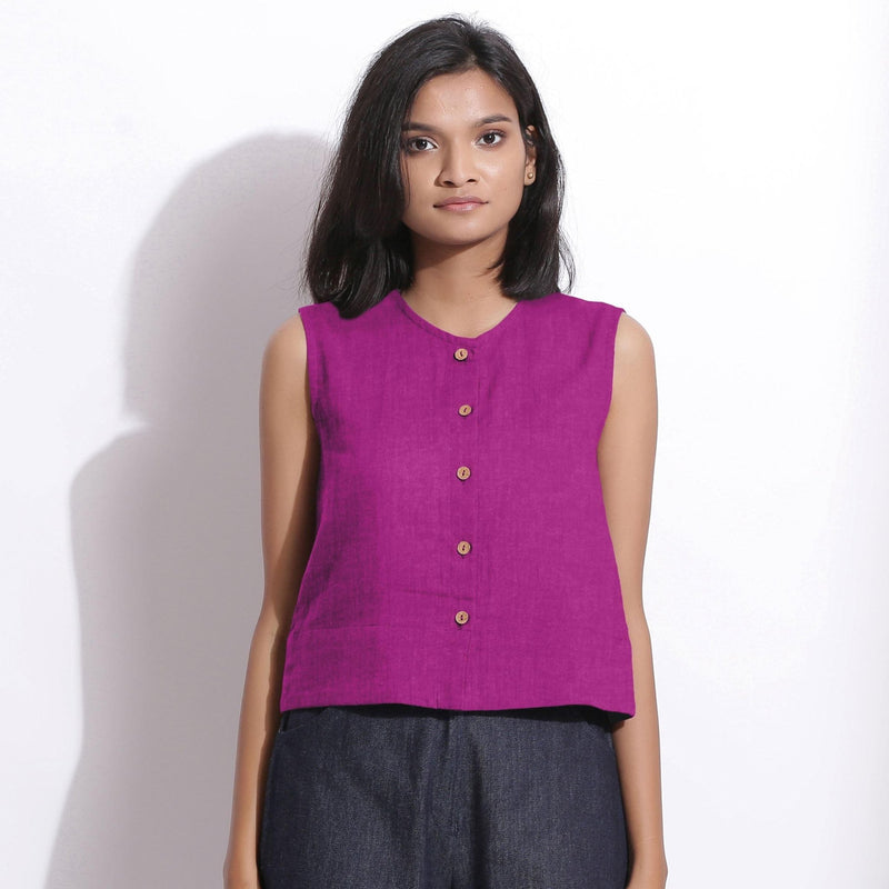 Front View of a Model wearing Magenta 100% Linen Button-Down Short Top