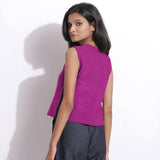 Back View of a Model wearing Magenta 100% Linen Button-Down Short Top