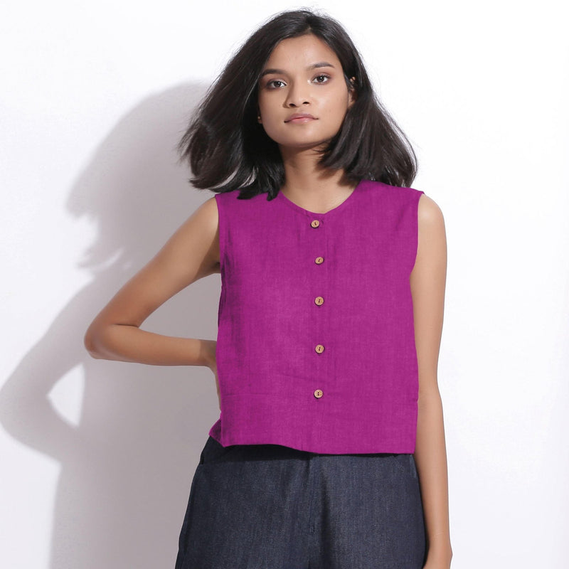 Front View of a Model wearing Magenta 100% Linen Button-Down Short Top