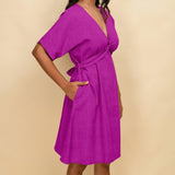 Magenta 100% Linen V-Neck Knee Length Blouson Dress