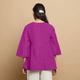 Magenta Cotton Linen Asymmetrical V-Neck Godet Top