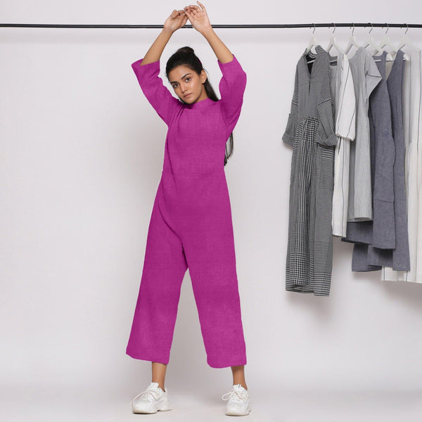 Magenta Cotton Linen Comfort Fit High Neck Jumpsuit