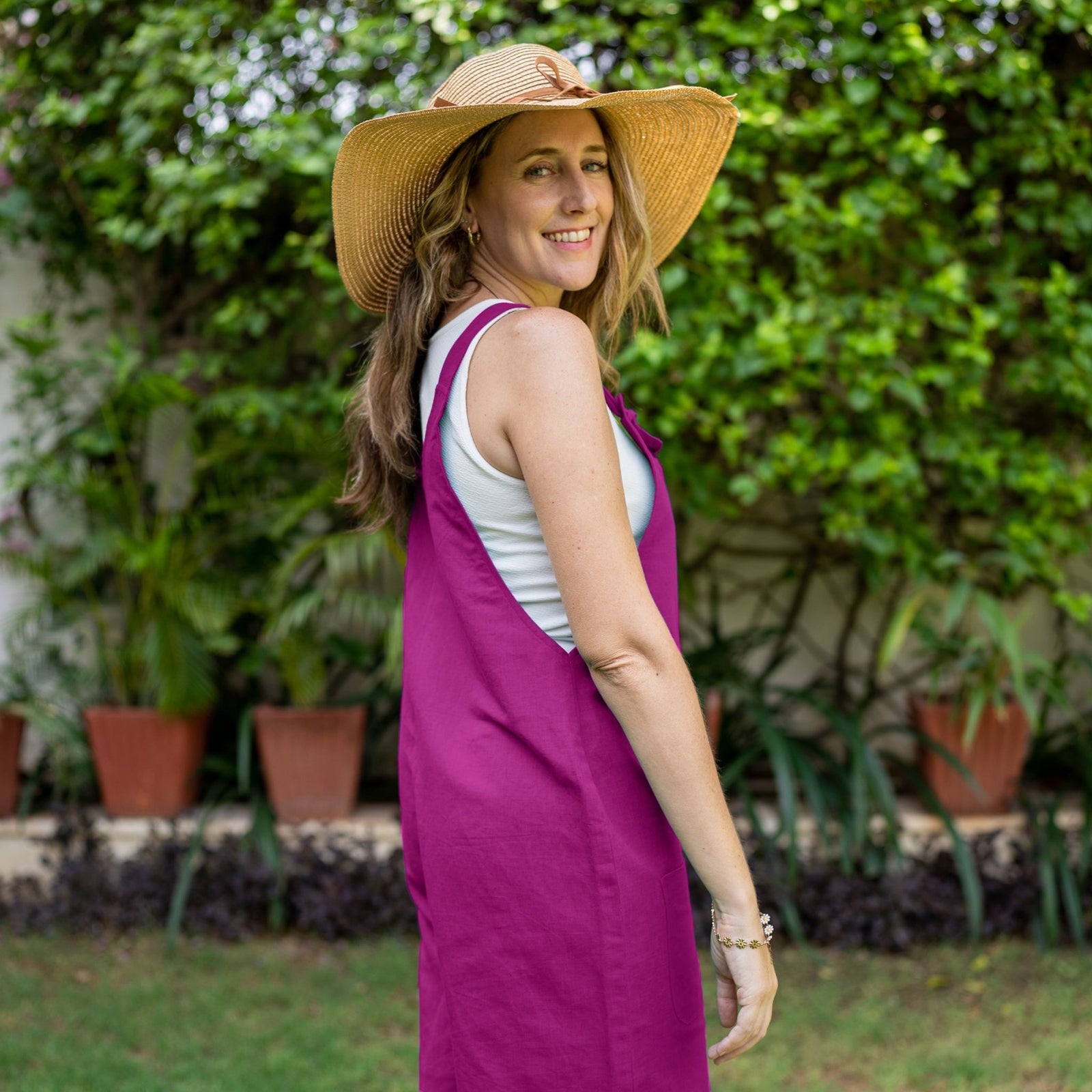 Magenta Cotton Linen Dungaree Playsuit 26" / Regular (5'2" - 5'6")