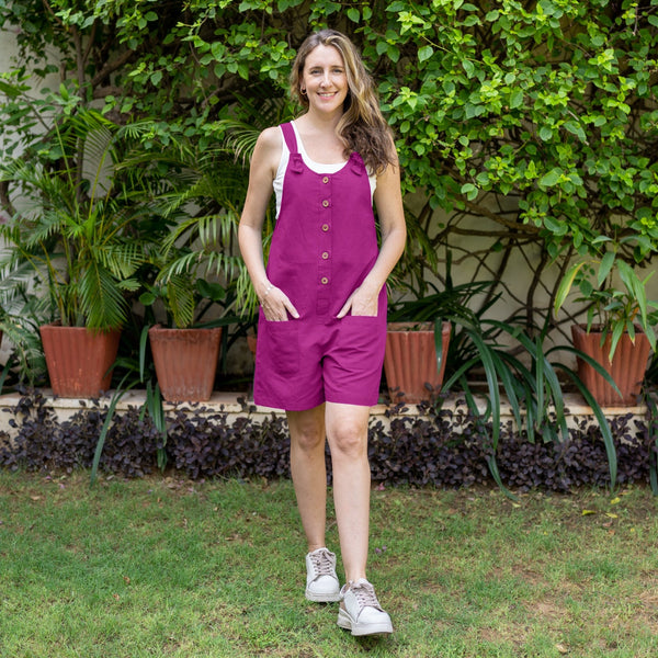 Magenta Cotton Linen Dungaree Playsuit