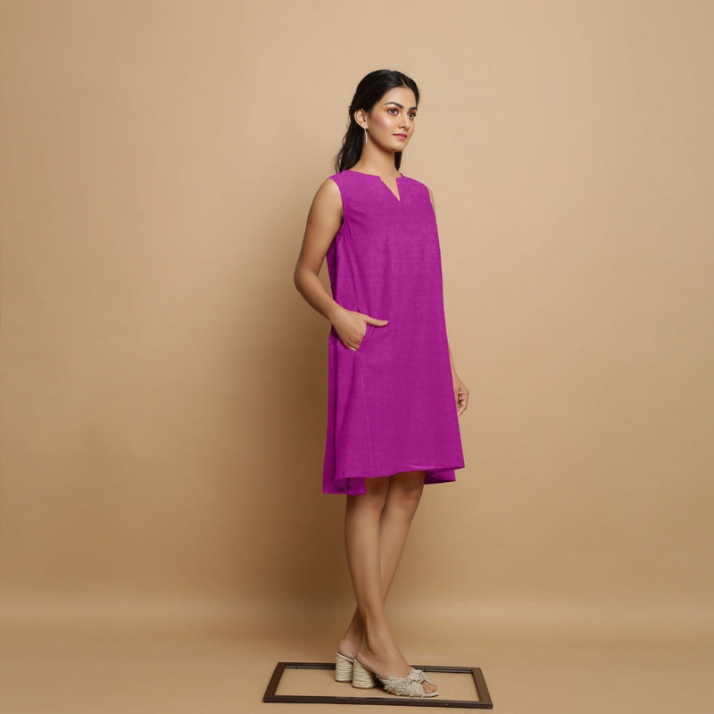 Magenta Cotton Linen Hand Embroidered Knee-Length Godet Dress