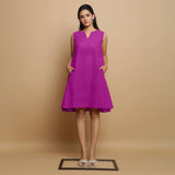 Magenta Cotton Linen Hand Embroidered Knee-Length Godet Dress