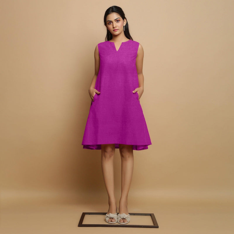 Magenta Cotton Linen Hand Embroidered Knee-Length Godet Dress