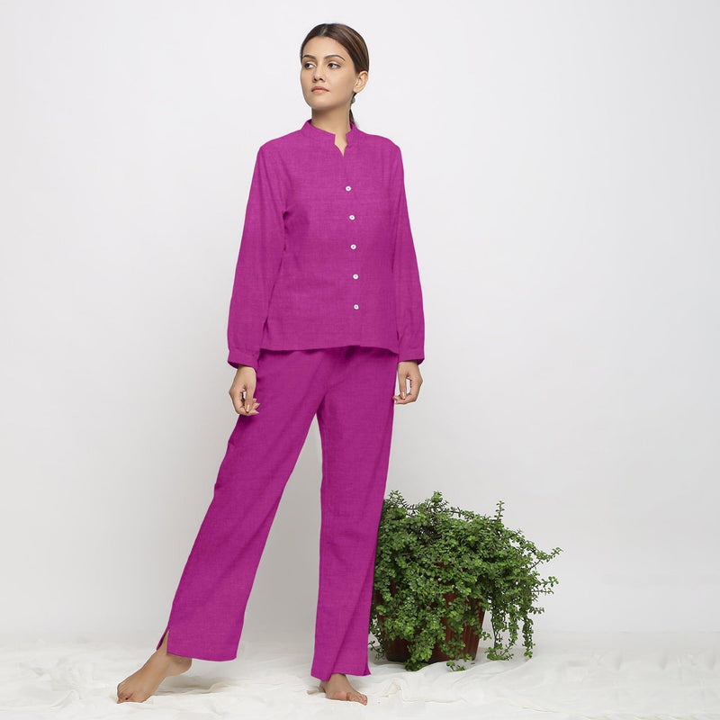 Magenta Cotton Linen Mandarin Collar Full Sleeve Shirt