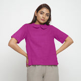 Magenta Cotton Linen Peter Pan Collar Half Sleeve Top