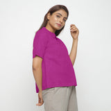 Magenta Cotton Linen Peter Pan Collar Half Sleeve Top