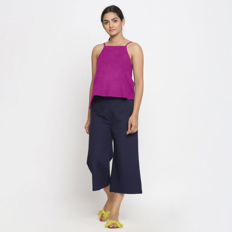 Magenta Cotton Linen Relaxed Fit Spaghetti Top