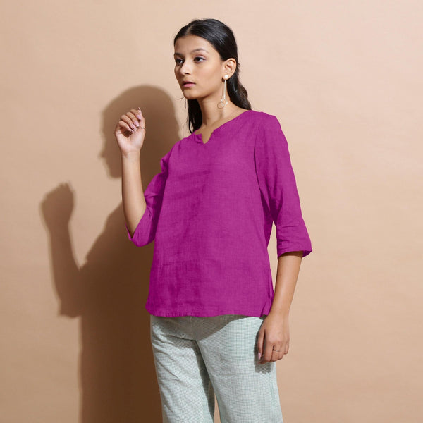 Magenta Cotton Linen Split-Neck Tunic Top