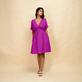 Magenta Cotton Linen V-Neck Knee Length Blouson Dress