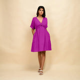 Magenta Cotton Linen V-Neck Knee Length Blouson Dress