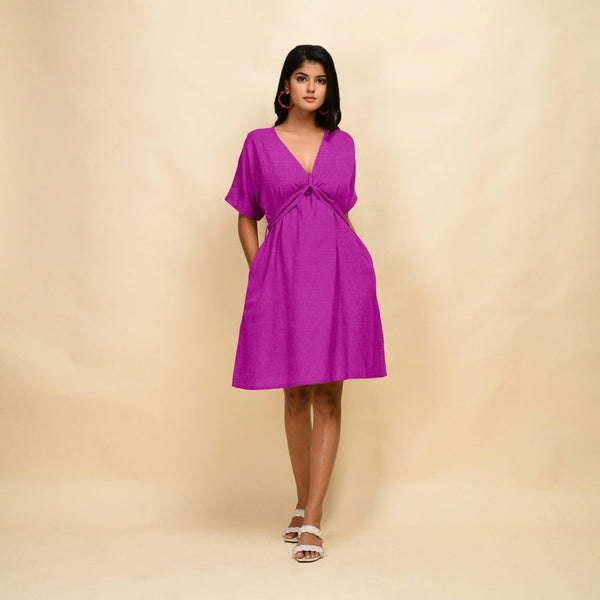 Magenta Cotton Linen V-Neck Knee Length Blouson Dress