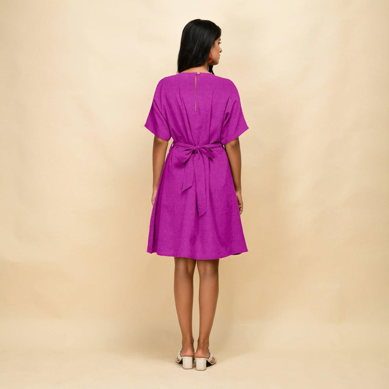 Magenta Cotton Linen V-Neck Knee Length Blouson Dress