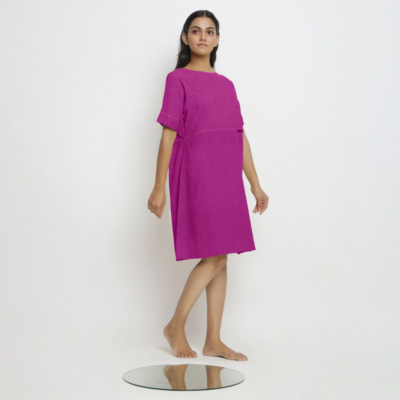 Magenta Cotton Linen Yoked Knee Length Shift Dress