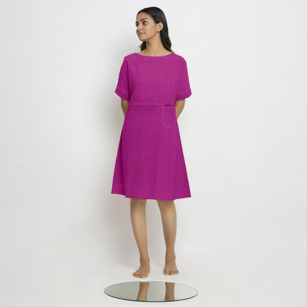 Magenta Cotton Linen Yoked Knee Length Shift Dress